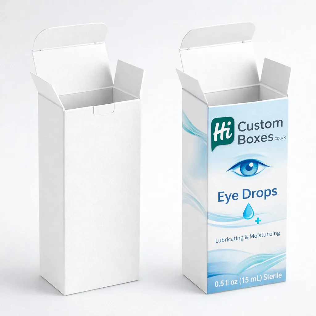 Two open tuck-end boxes, one minimal white and one with custom blue branding for eye care.